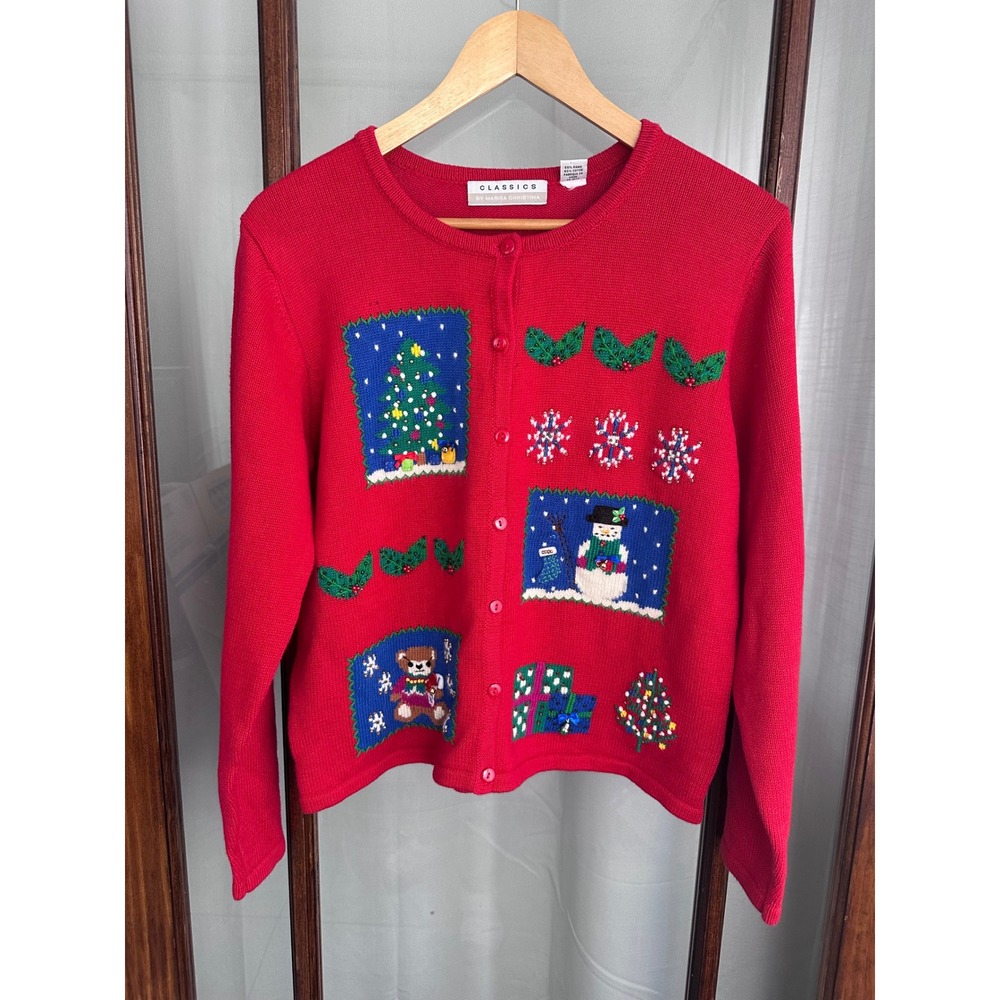 Classics by Marisa Christina Red Christmas Holiday Cardigan Sweater Medium *spot